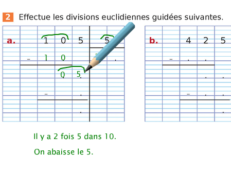 Exercice et corrigé animé : effectuer les divisions euclidiennes guidées.