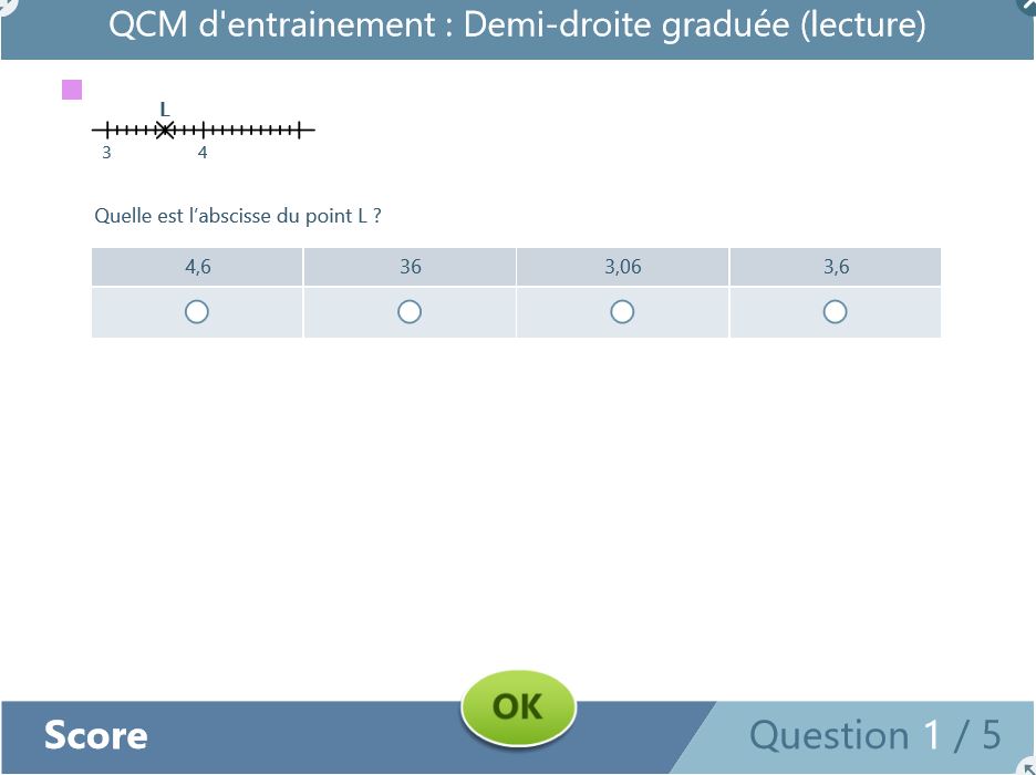 Exemple d'un QCM d'entrainement des cahiers numériques iParcours maths, en mode élève.