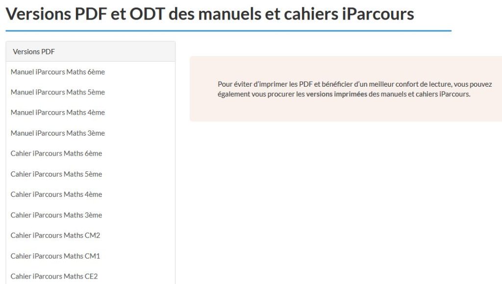 Version PDF et ODT des manuels et cahiers numériques iParcours maths