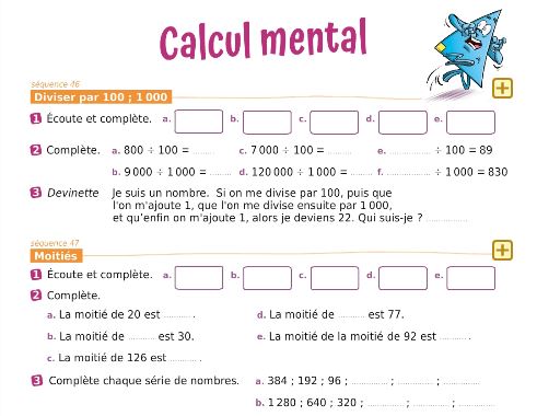 Exercices de calcul mental des cahiers numériques iParcours maths
