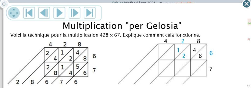 Activité de découverte du cahier numérique iParcours maths sur la multiplication Per Gelosia.