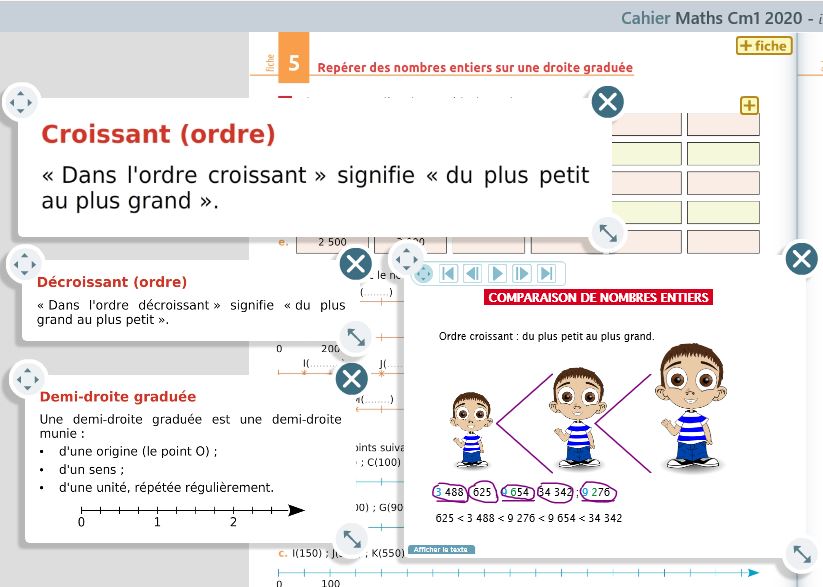 Lexique cliquable du cahier d'exercices numérique iParcours Maths CM1 : "croissant", "décroissant", "demi-droite graduée".