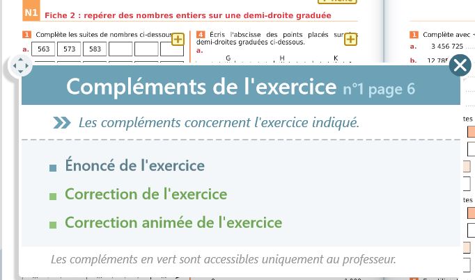 Compléments disponibles d'un exercice des cahiers numériques iParcours Maths.