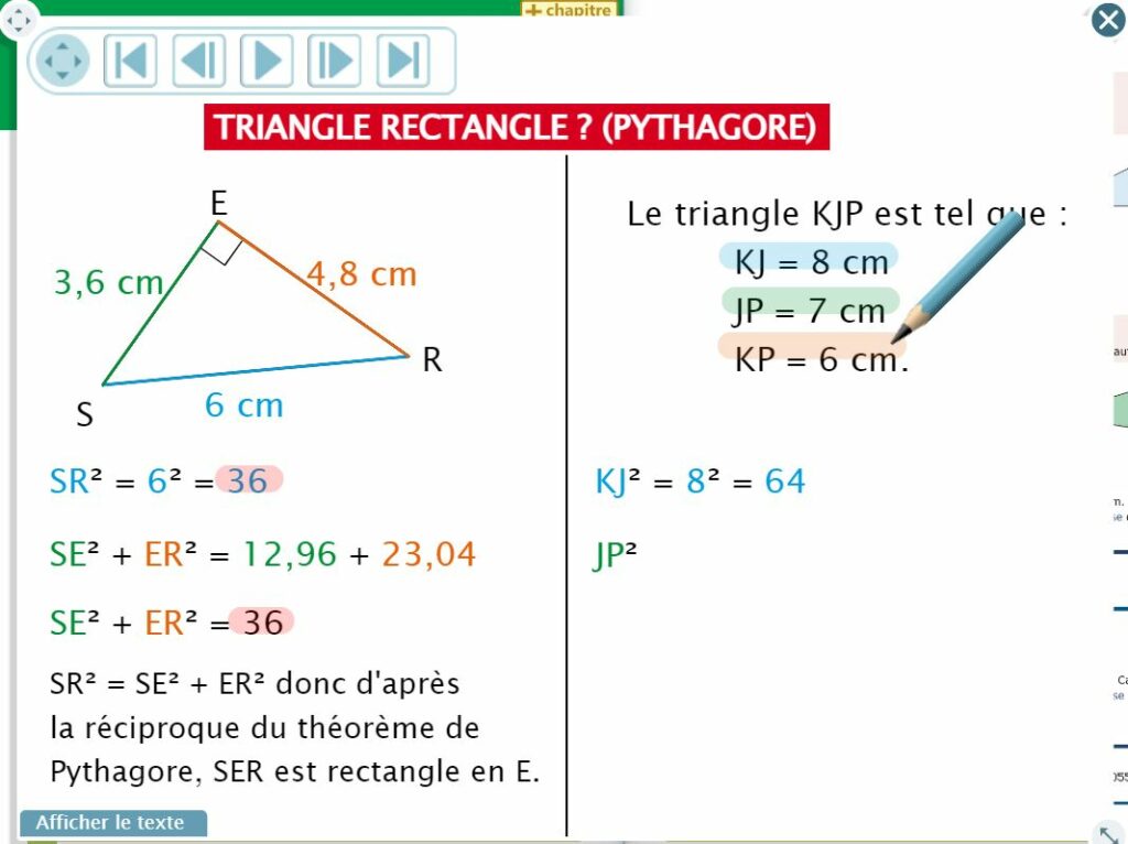 Exemple de vidéo de cours sur le Théorème de Pythagore du cahier iParcours 4e 