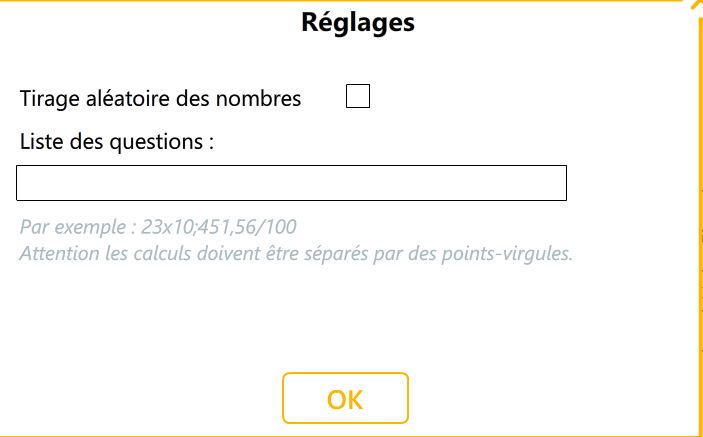 Réglages de l'outil : choix des calculs